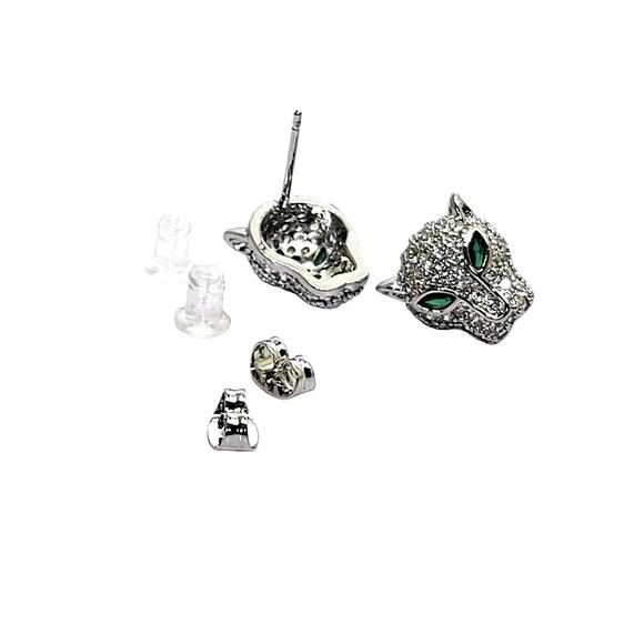 Silvertone Round Pave` Crystal Green Marquise Eyes Panther Cat Stud Earrings - Picture 7 of 9